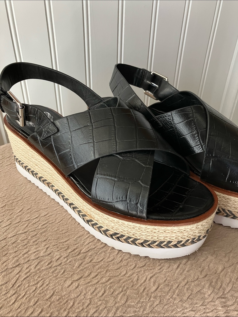 Vince Camuto Marietten Black Croc Embossed Platform Espadrille Sandals 10 Chic